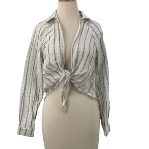 NWT Forever 21 Long Sleeve Crinkled Tie Front Top‎ White/Navy Striped S